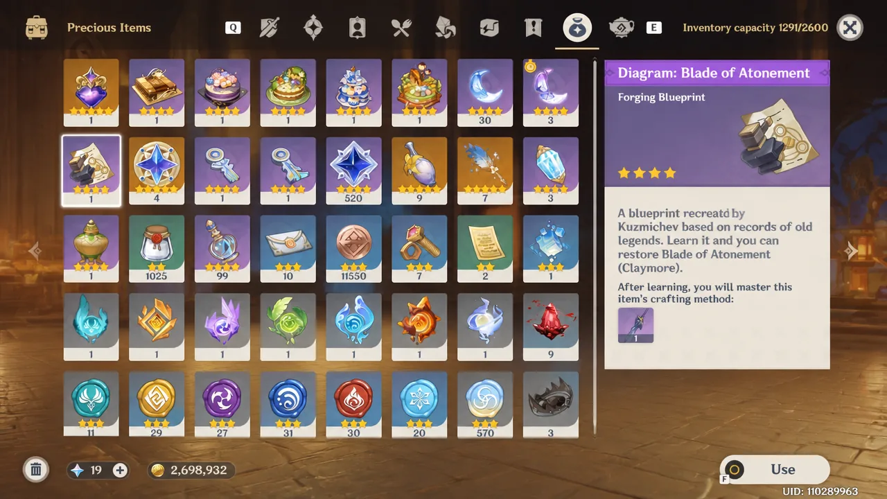 Precious Items tab with the Blade of Atonement forging diagram and Use button