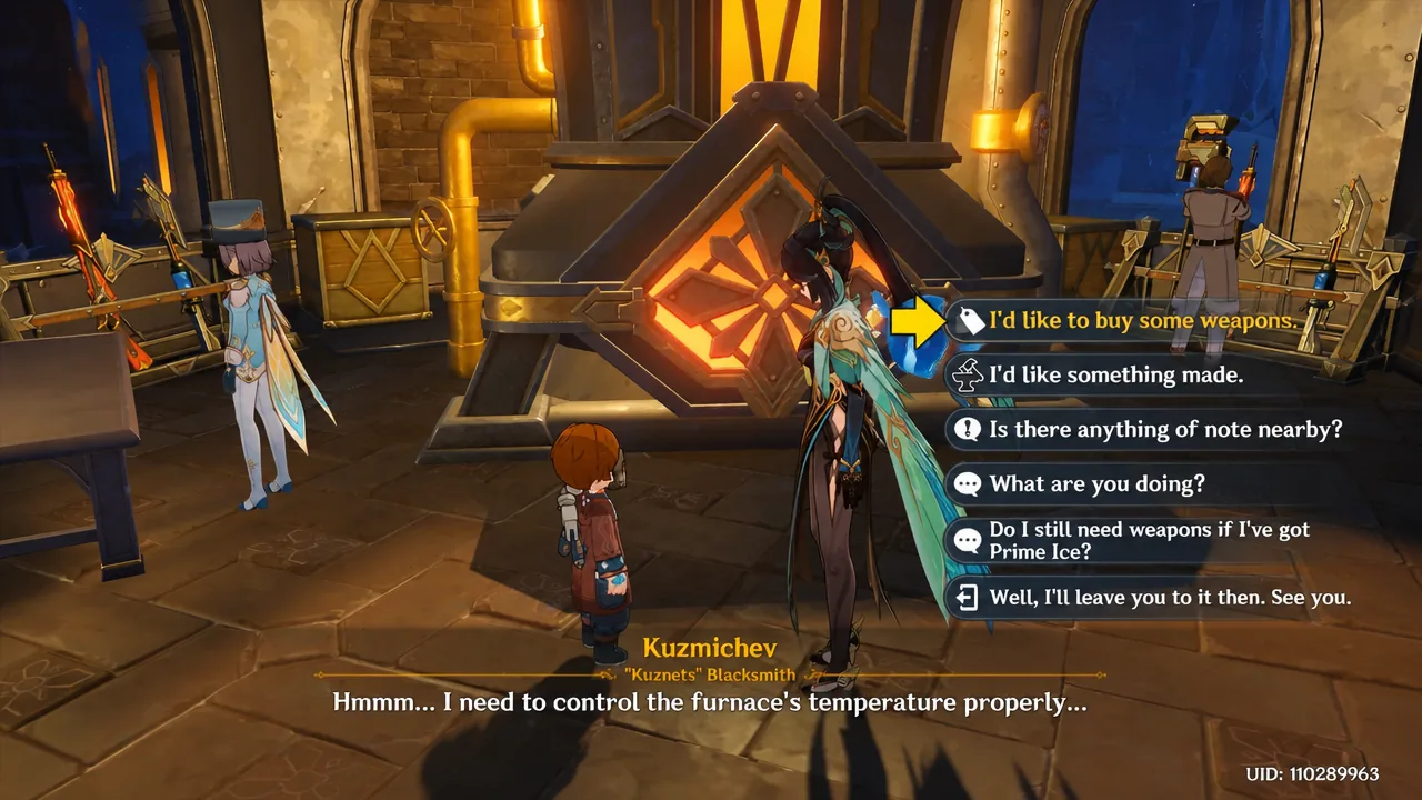 Kuzmichev dialogue menu with the buy weapons option highlighted