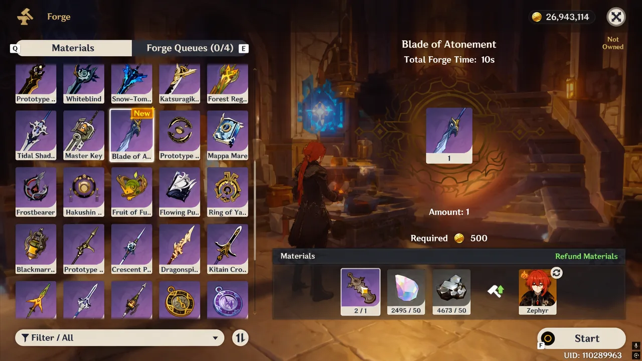 Forge screen with Blade of Atonement selected showing required materials and a 10 second forge time
