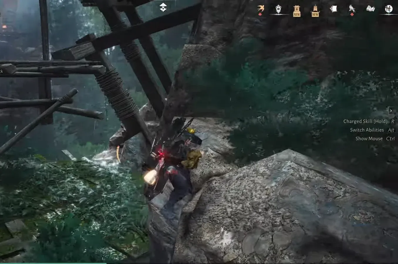 Character attacks an enemy beside a wooden structure with the Wait for developments objective active
