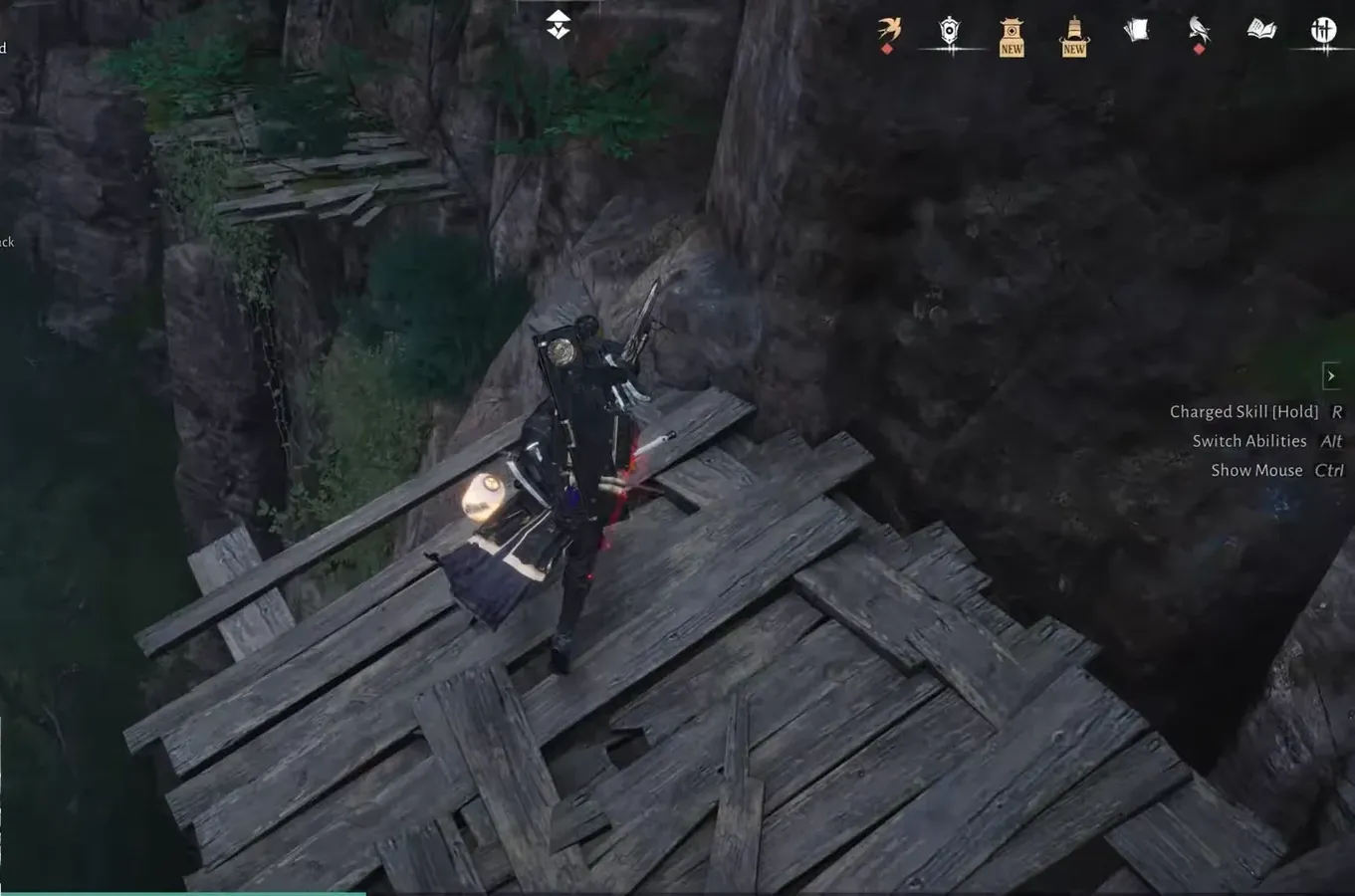 Character stands on a wooden cliffside platform before scaling the rock wall to the grassy path