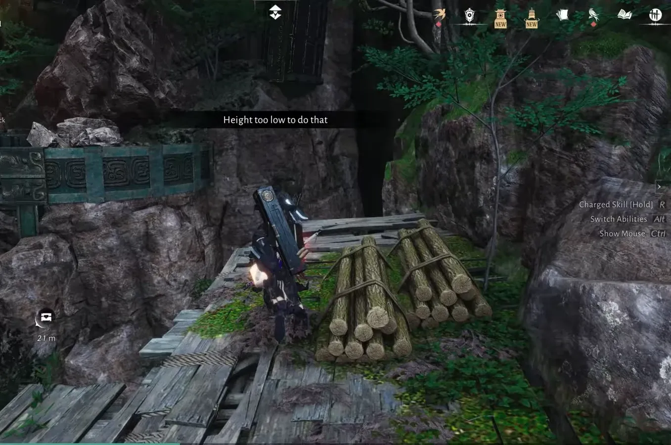 Gameplay shows the Height too low to do that prompt while the character stands on a wooden platform
