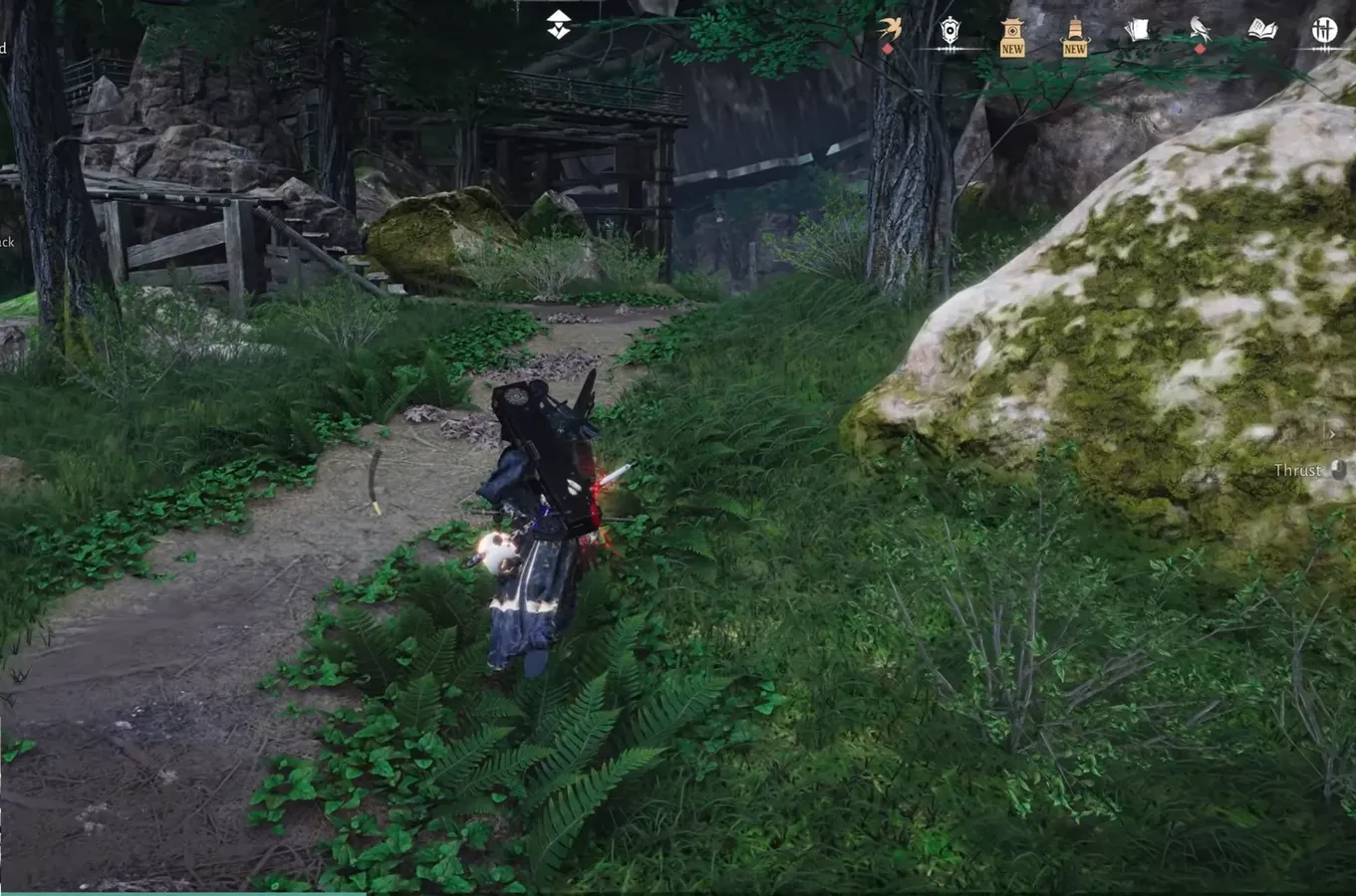Character moves along a forest path with the tracked Wait for developments objective toward the water wheel