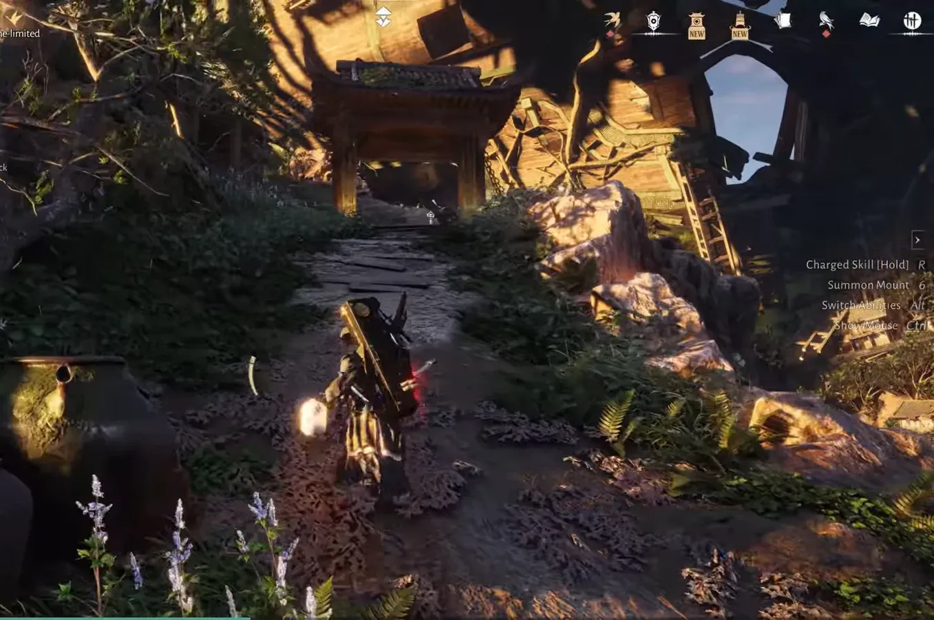Character walks a forest path toward a traditional building with the Wait for developments objective active