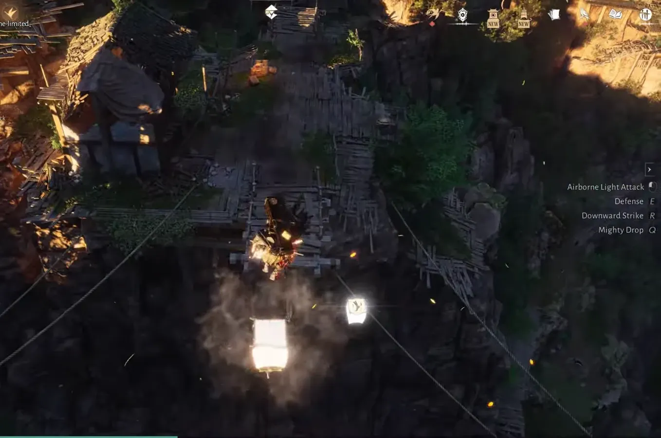 Character airborne over a glowing platform across a broken wooden ravine with air attack controls shown