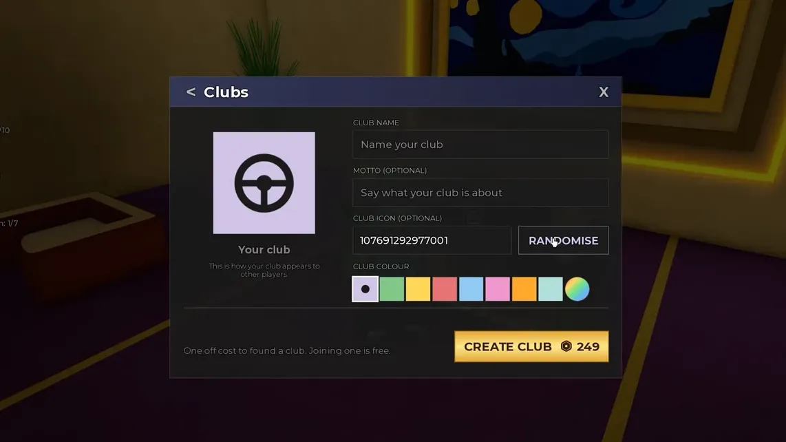 Club creation dialog with the Randomise button selected to change the club icon