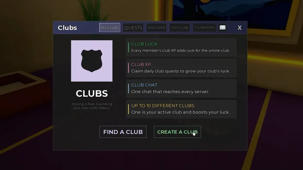 Clubs menu open on the My Clubs tab with the Create a Club button highlighted