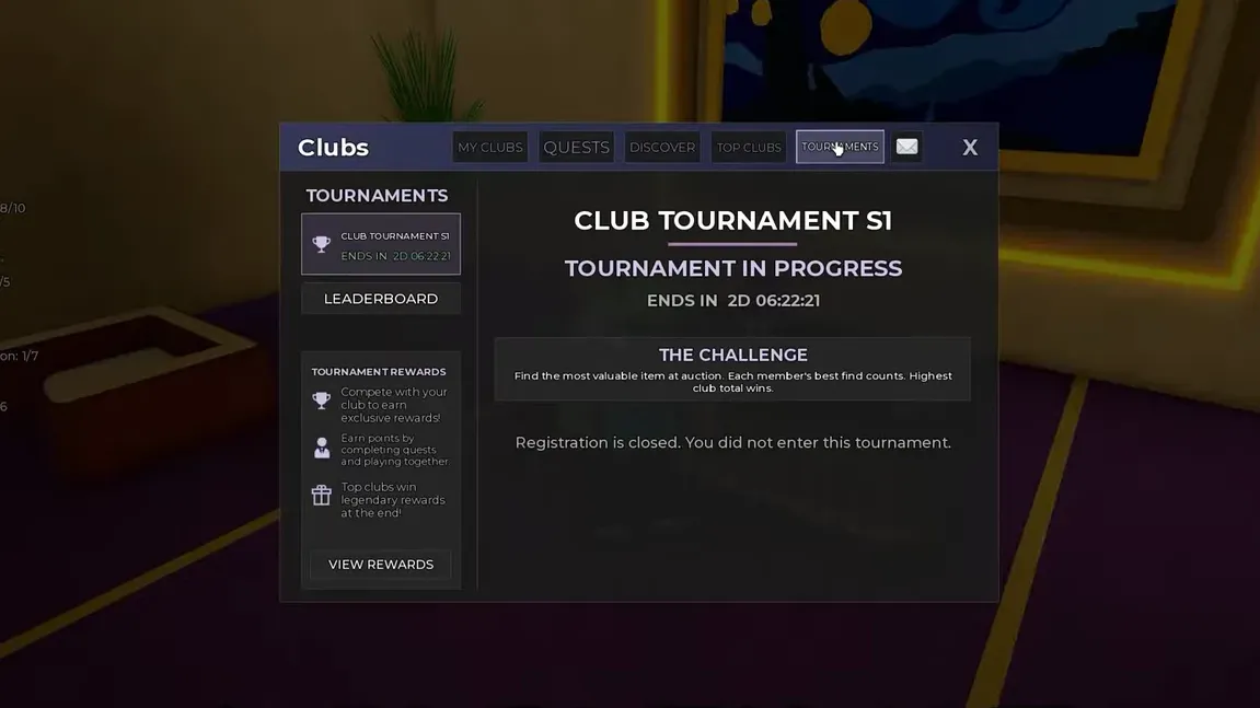 Clubs menu Tournaments tab showing Club Tournament S1 in progress with registration closed