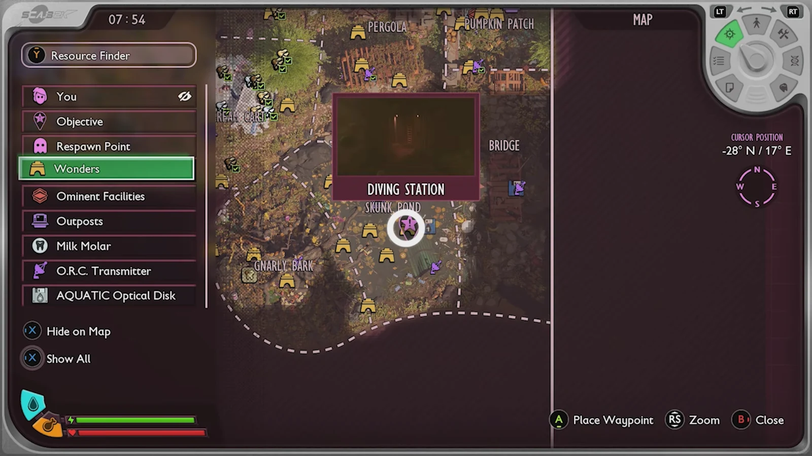 Map Resource Finder Wonders tab highlighting the Diving Station location in Skunk Pond