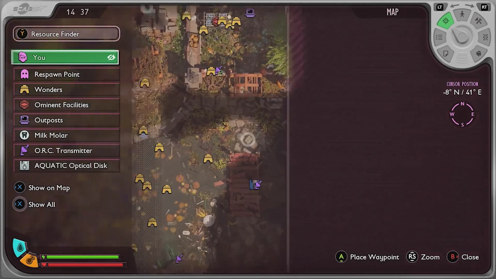 Map screen with the Resource Finder open showing categories and waypoint controls near the bridge