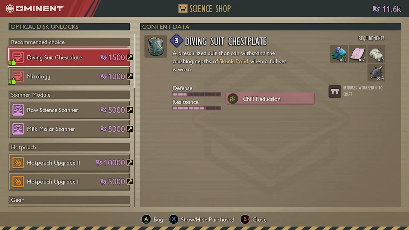 Science Shop Optical Disk unlock menu highlighting the Diving Suit Chestplate for 1,500 science