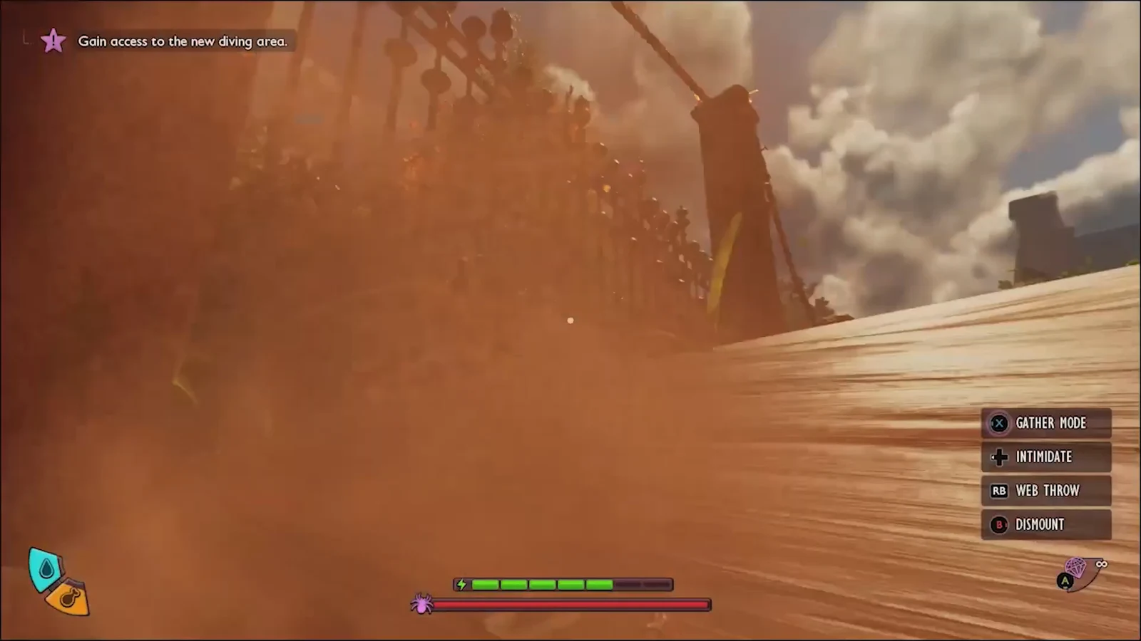 Gameplay HUD showing the diving area objective while moving across the dusty bridge
