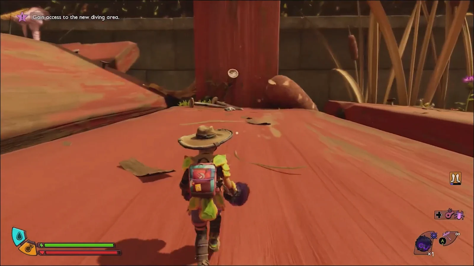 Player moving across the bridge rooftop toward the diving area objective marker