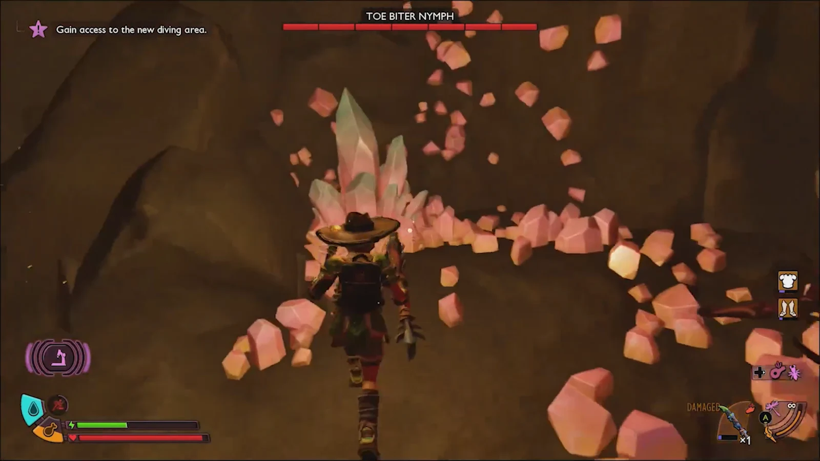 Player fighting a Toe Biter Nymph inside a crystal-filled cave while mining Phantom Quartz