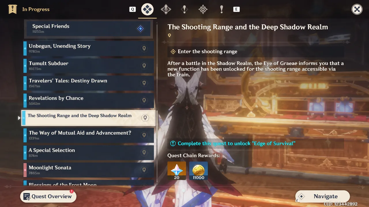 Quest menu showing The Shooting Range and the Deep Shadow Realm objective