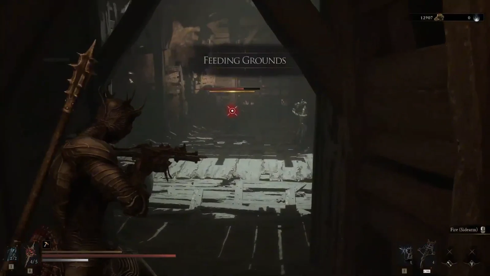 Player aiming a firearm at an enemy with a Fire Sidearm prompt on screen