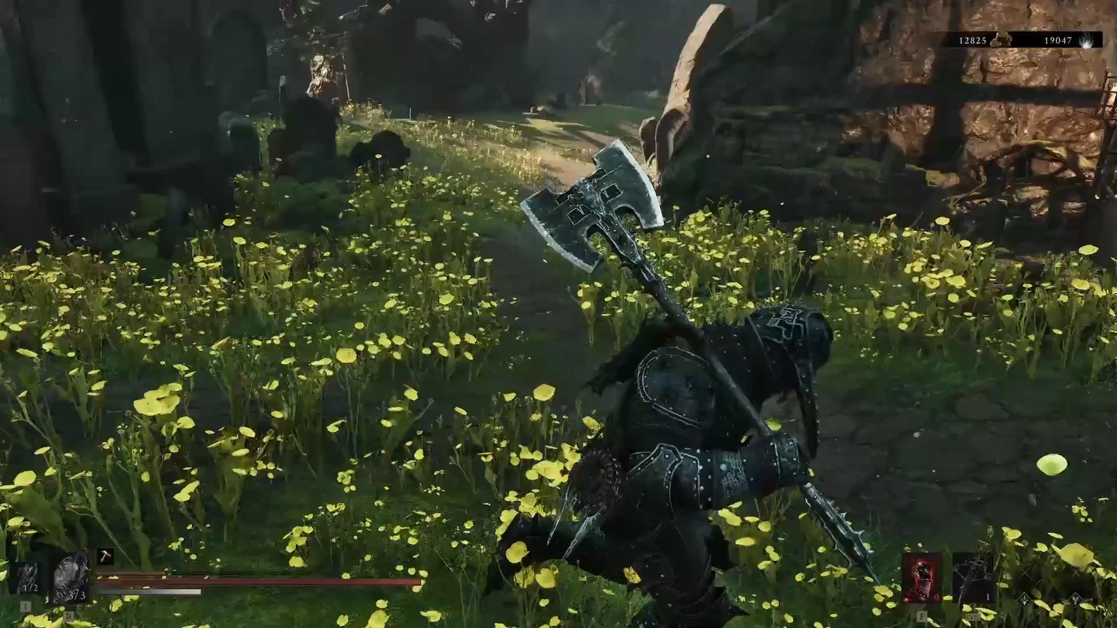 Armored warrior with a great axe moving through flower-covered stone ruins