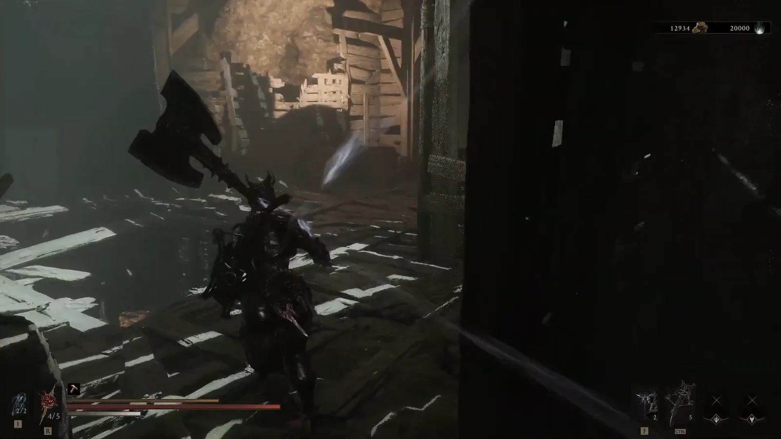Armored warrior with a large battle axe walking through a dim wooden fortress hall