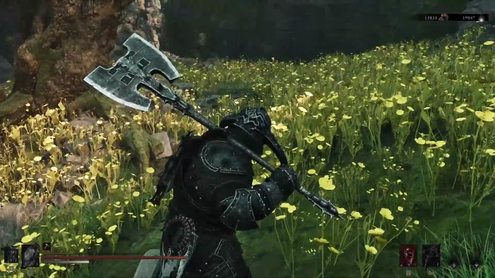 Armored warrior with a huge double-headed axe walking through a yellow-flower forest