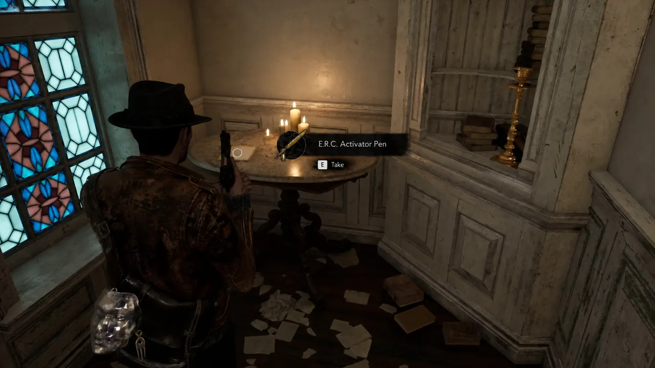 Prompt to pick up the E.R.C. Activator Pen from a table inside the church room