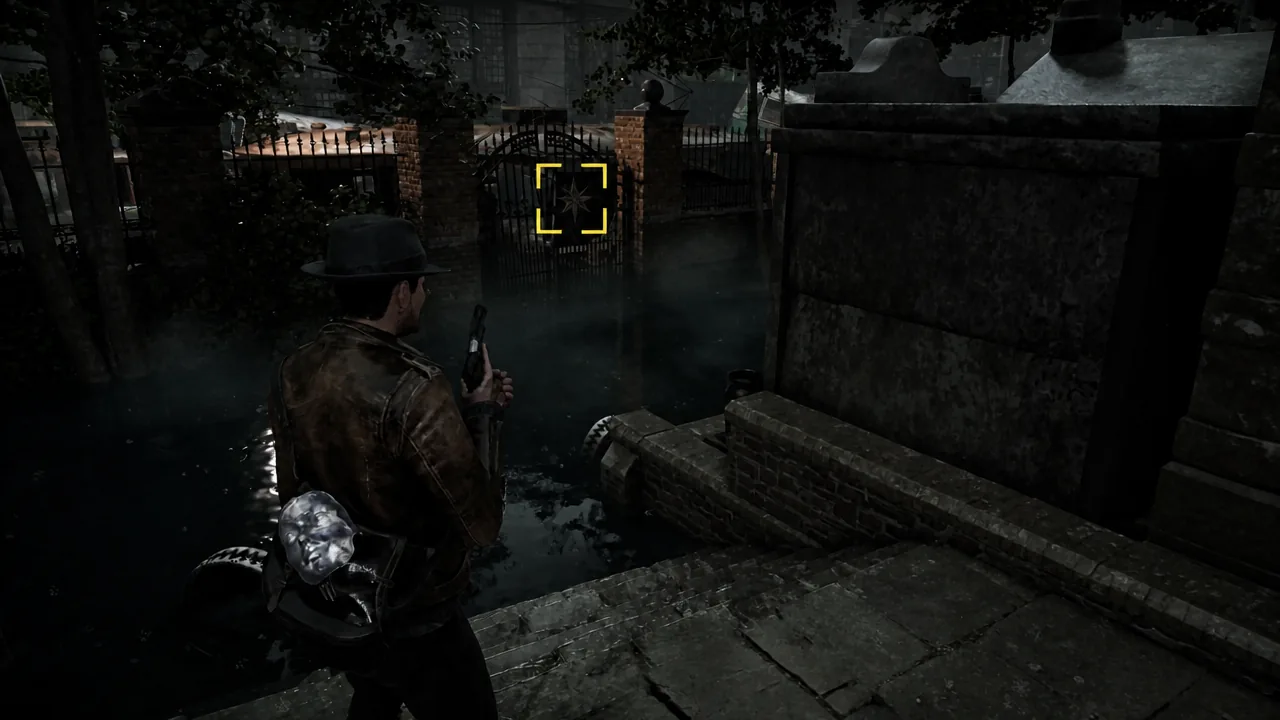 Star emblem highlighted on the barred cell door in the flooded church yard