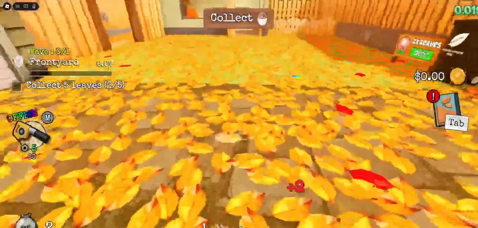 Front yard gameplay showing the Collect prompt and a Collect 5 leaves objective counter