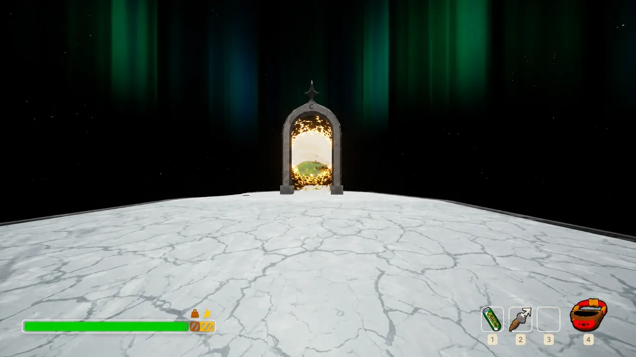 Glowing arched portal ahead on a cracked white platform in PEAK