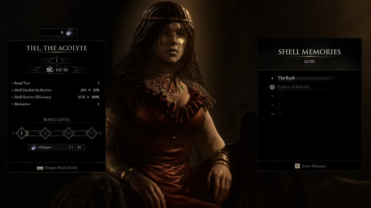 Shell Memories menu for Tiel the Acolyte with the memory The Rash selected