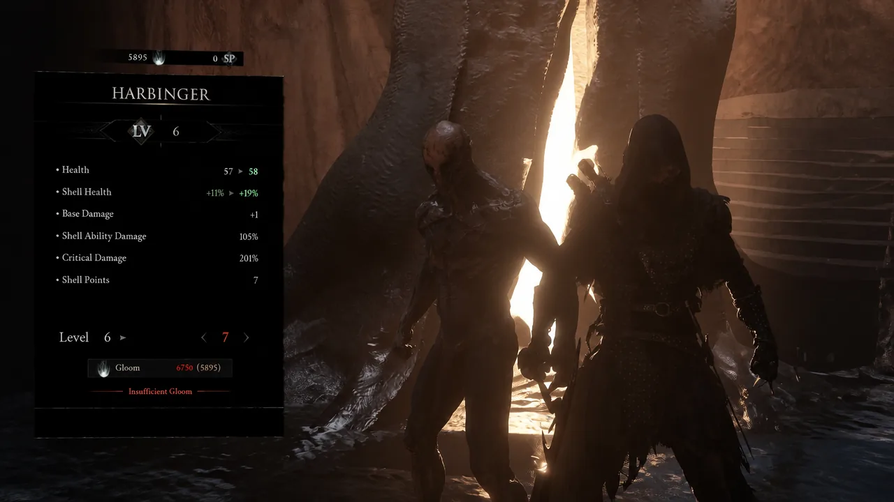 Harbinger level-up screen showing Level 6 to 7 stat gains greyed out from not enough Gloom