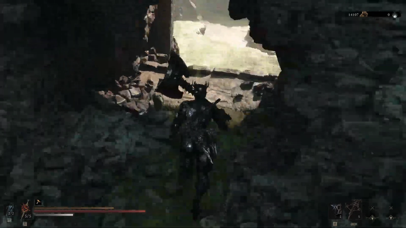Armored character walking a dark stone passage toward a bright sunlit opening