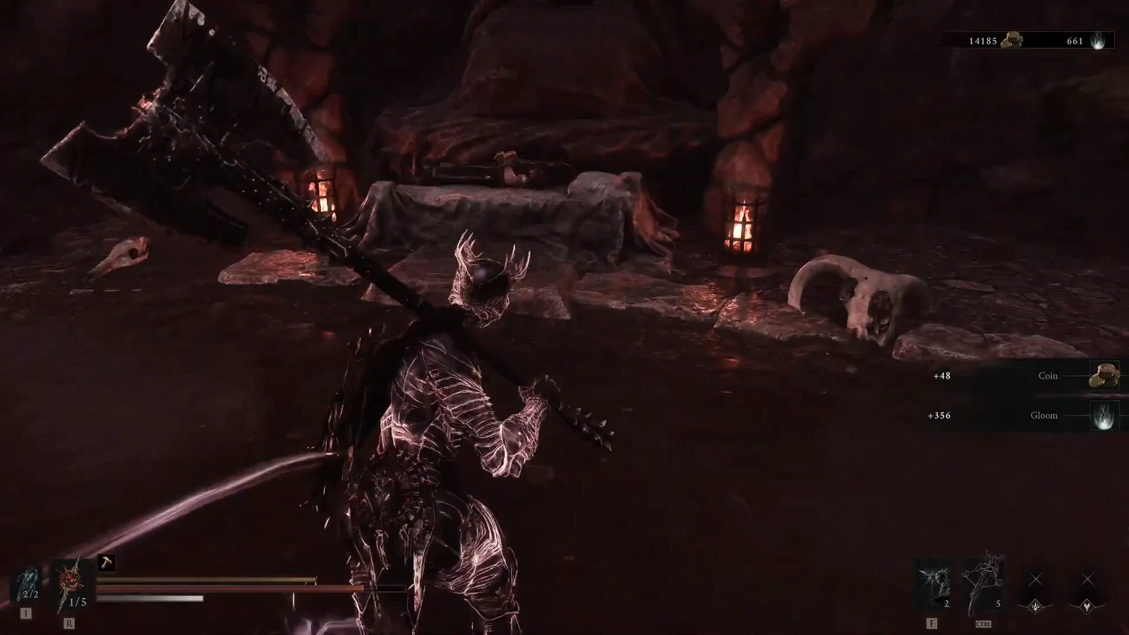 Armored fighter with a spiked weapon picking up Coin and Gloom after a kill