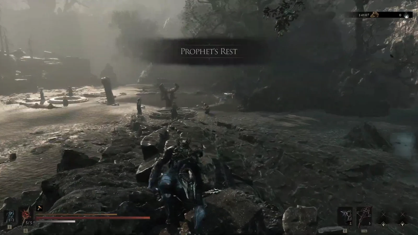 Prophet's Rest title over a rocky, forested clearing as the player walks in