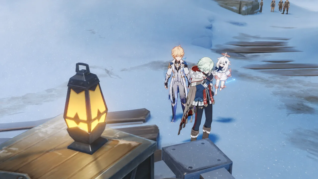 The Traveler and companions beside a glowing lantern in a snowy environment