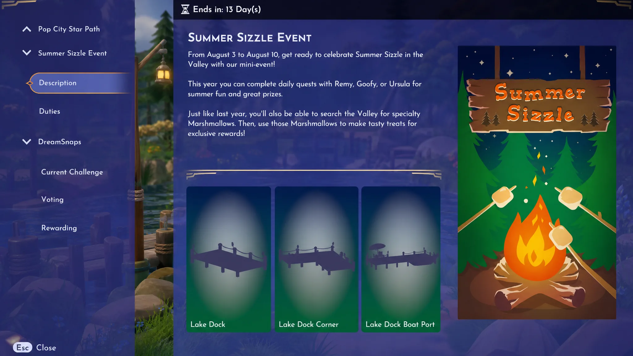 Summer Sizzle event Lake Dock rewards in Disney Dreamlight Valley