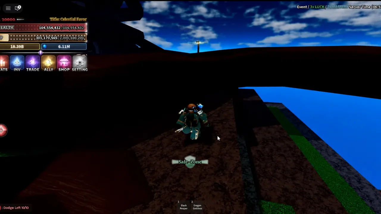 Character moving through the island spawn area with the Safe-Zone status label on screen