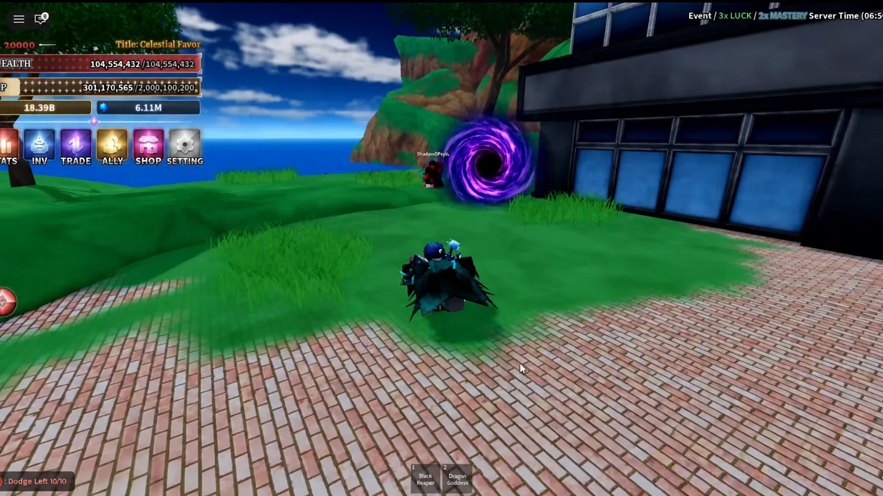 Player character running toward the purple travel portal next to a stone building