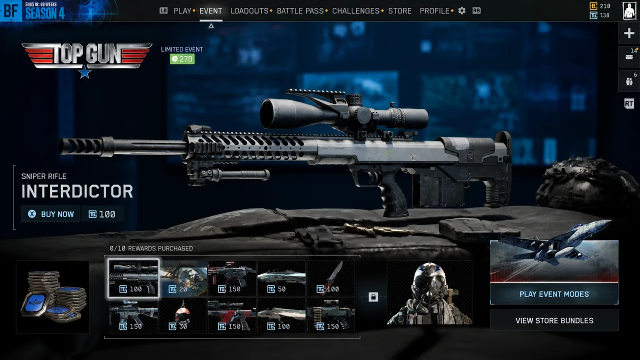 Limited Event reward screen with the Interdictor sniper rifle selected and its 100-credit purchase option