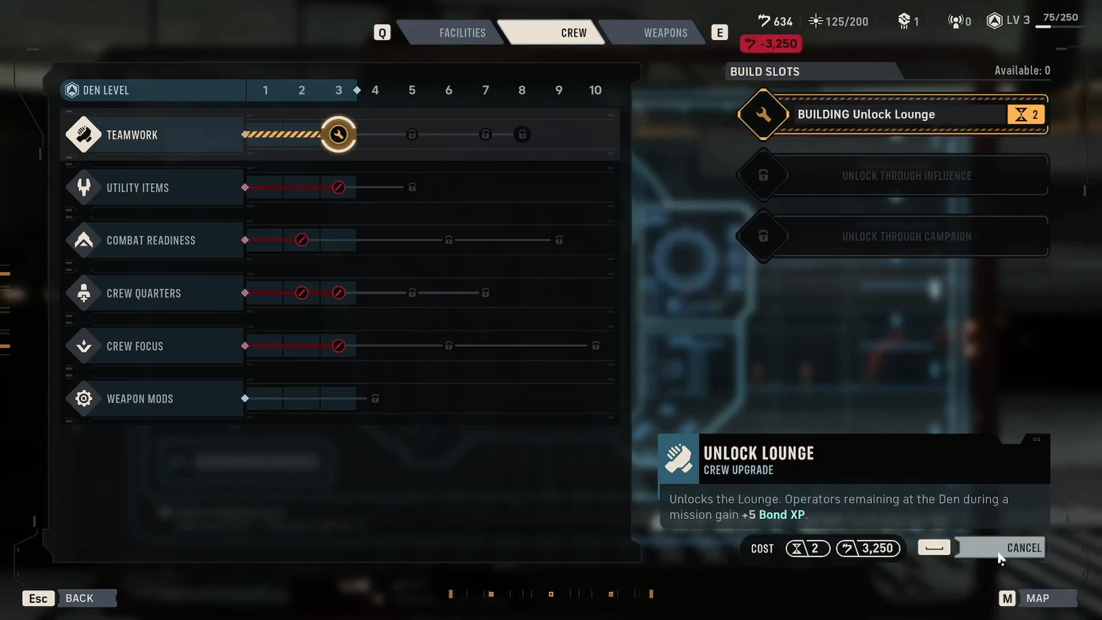 Crew menu with Unlock Lounge highlighted under Teamwork and its build cost displayed