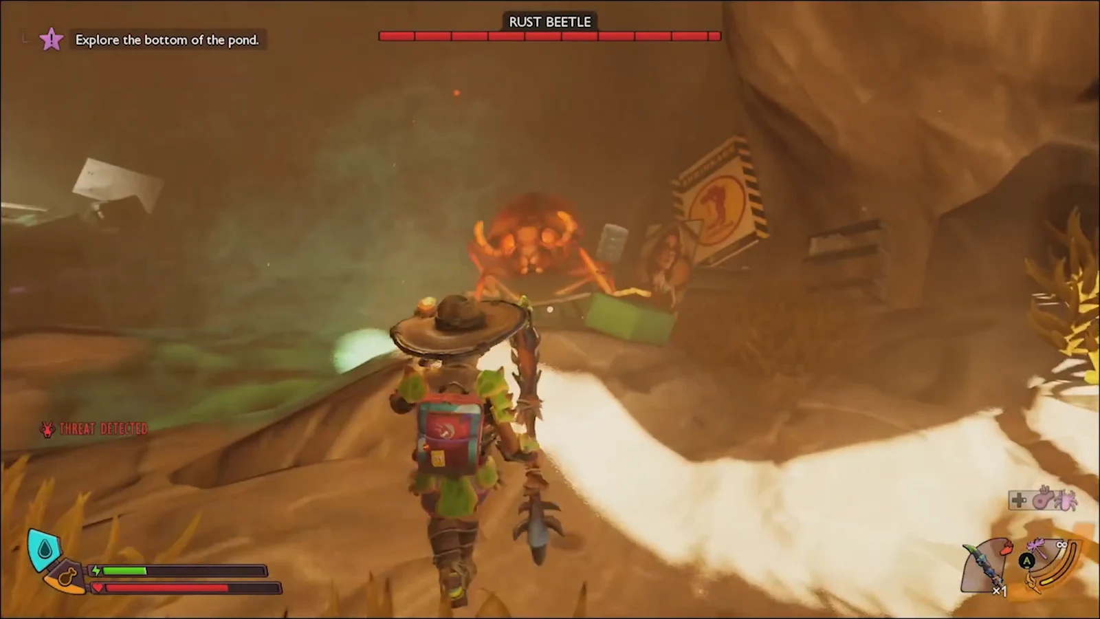 Player fighting a Rust Beetle in the cavern where the optical disk is found