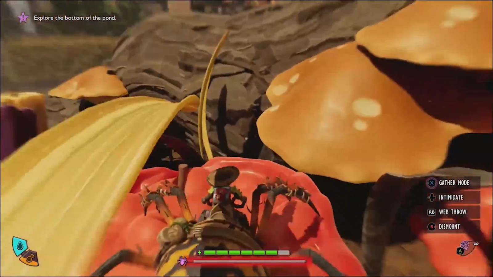 Player rides an insect up the root ramp toward the tree trunk mushrooms
