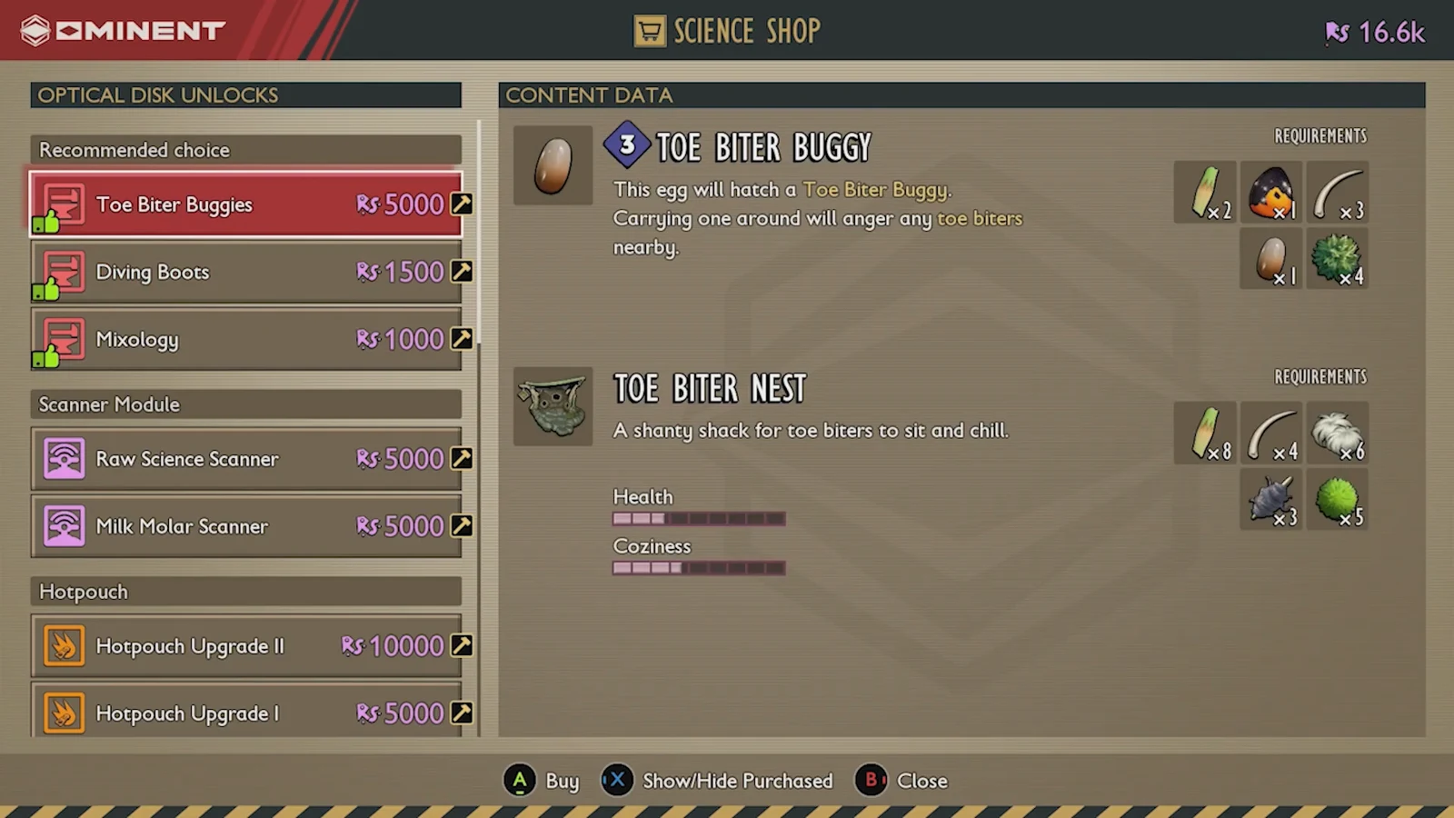 Science Shop showing the Toe Biter Buggies unlock costing 5,000 Raw Science