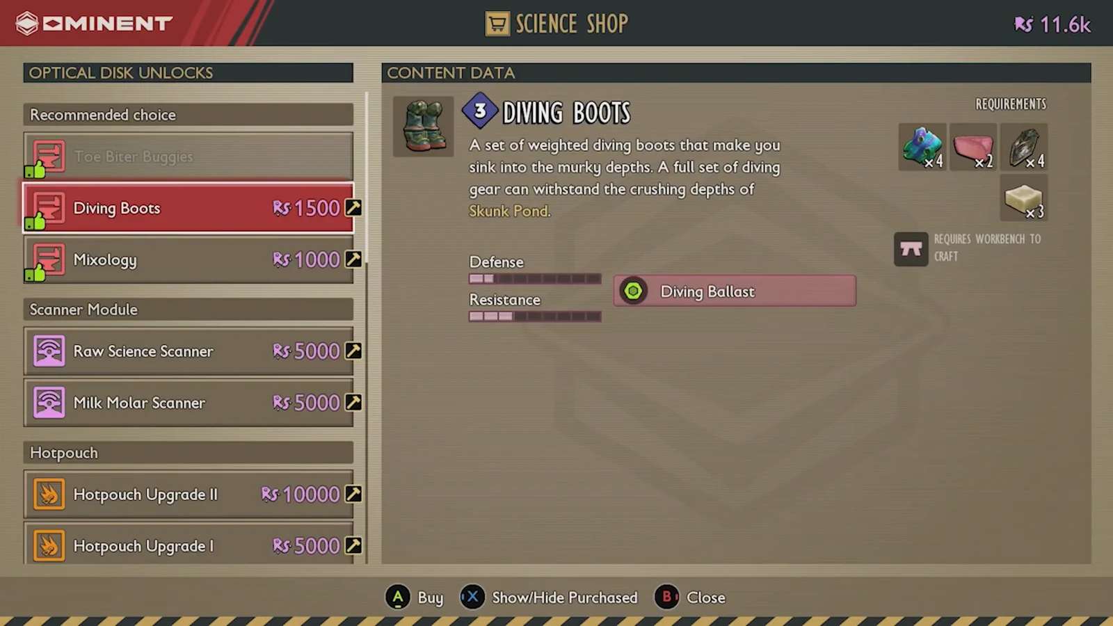 Science Shop showing Diving Boots for 1,500 Raw Science with the Diving Ballast effect
