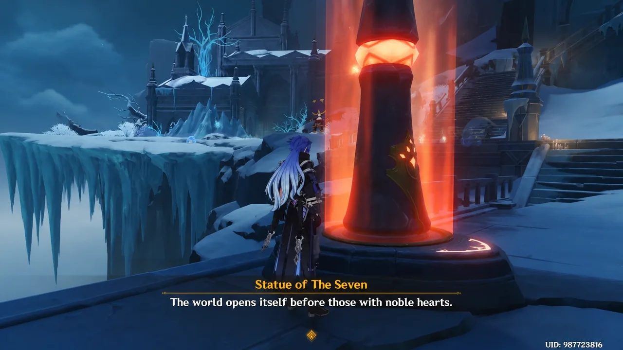 The Traveler interacting with the glowing Statue of the Seven in a snowy area