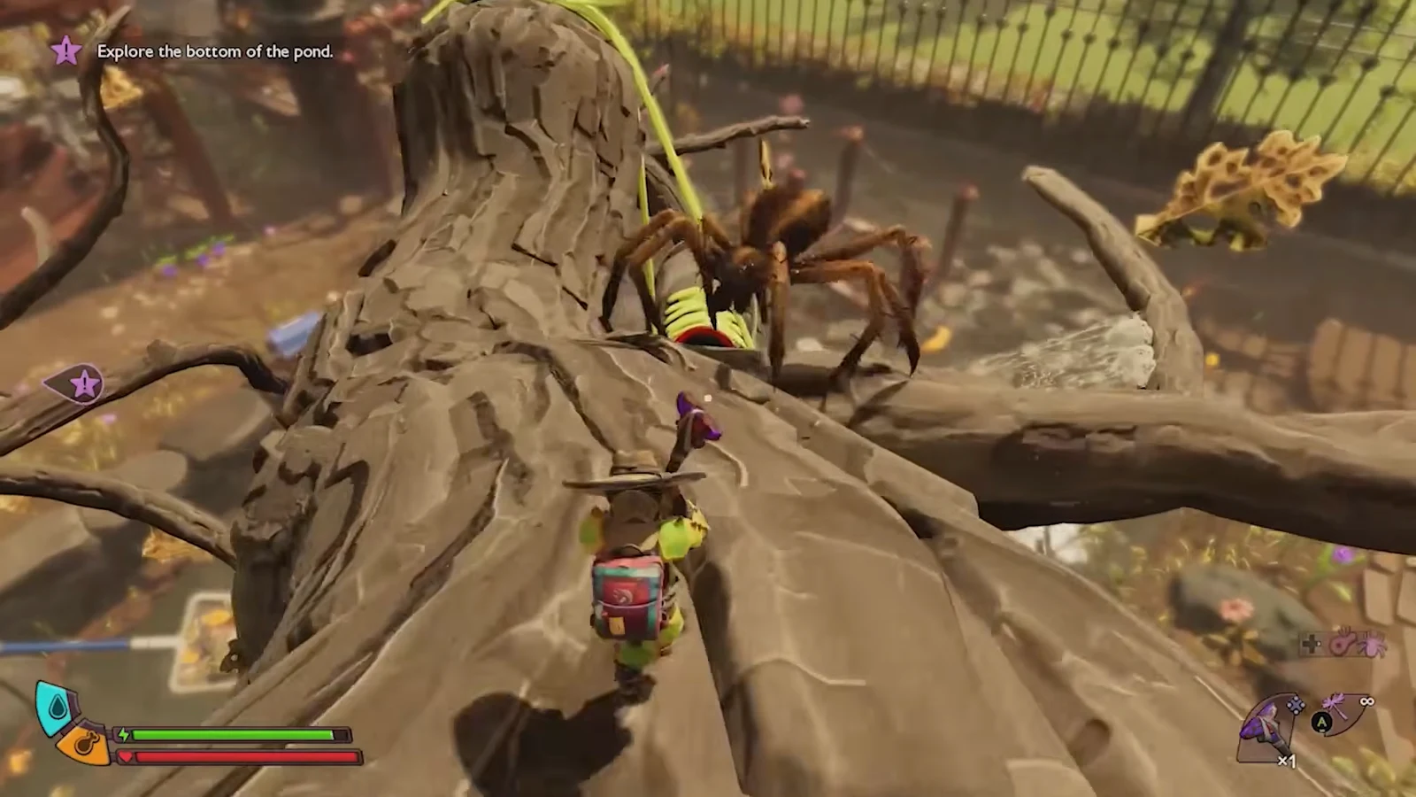 Player climbing the branch toward a large wolf spider blocking the route to the shoe