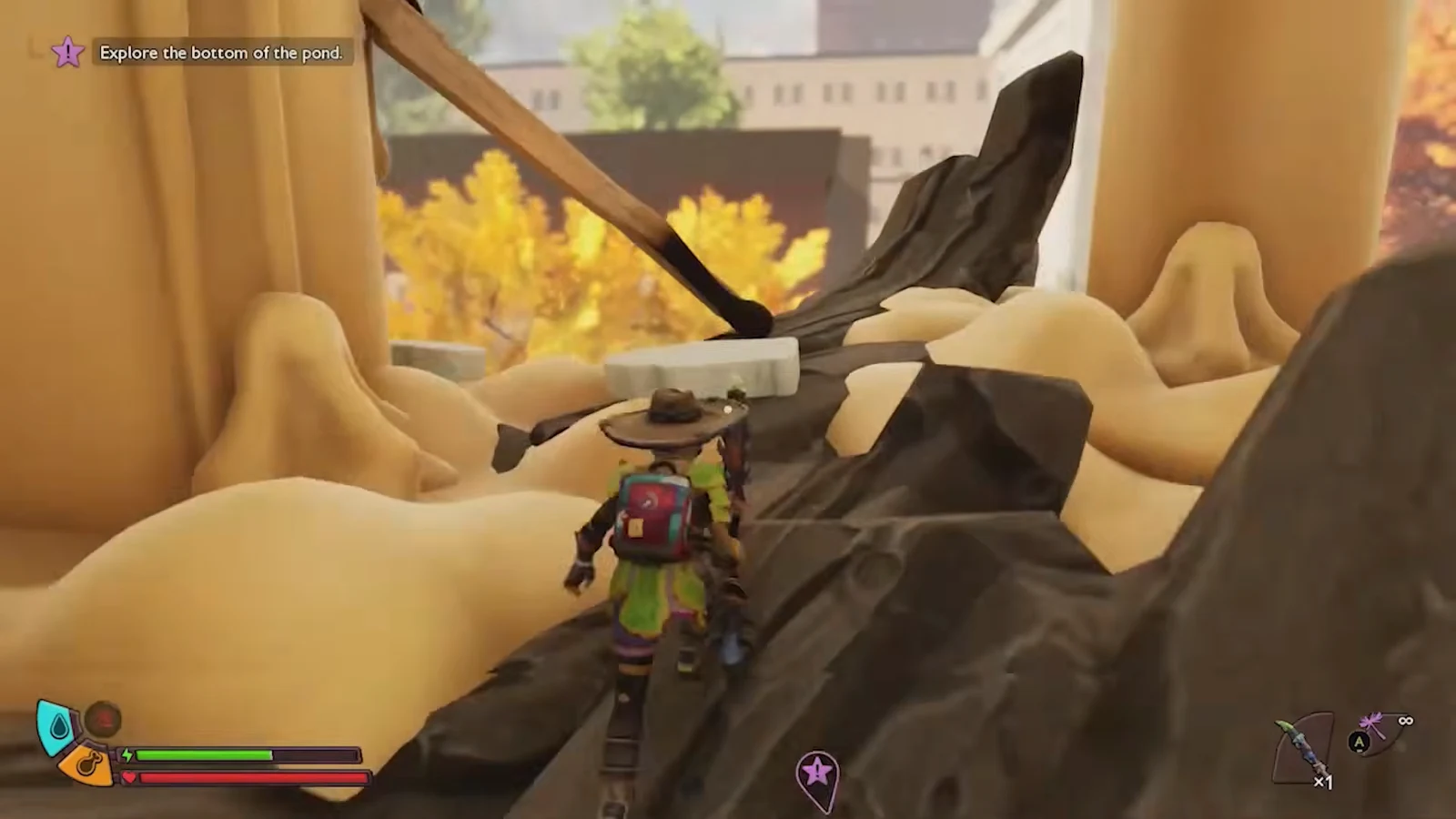 Player climbing debris along the outside of the dead tree toward a higher cave entrance