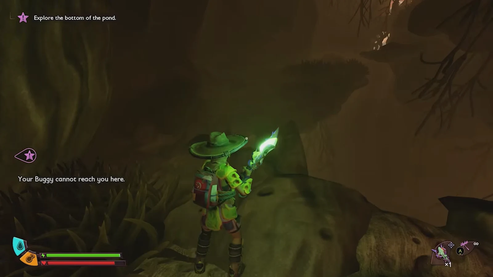 Player navigating a narrow ledge inside the tree that the buggy cannot reach