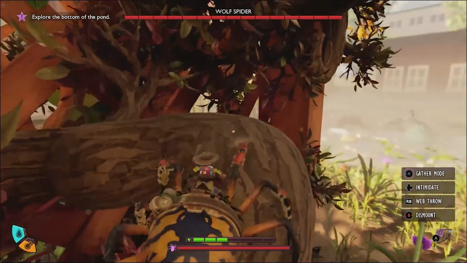 A Wolf Spider boss encounter appears while the player rides a mount beneath a tree branch