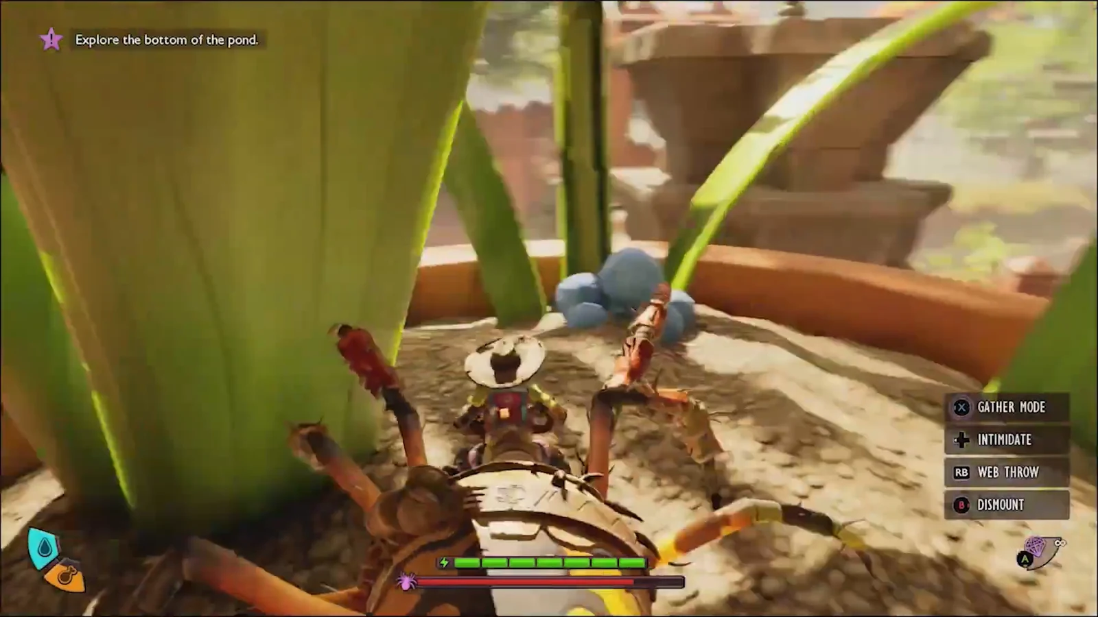 Spider mount view with Gather Mode, Web Throw, and Dismount controls visible during the climb