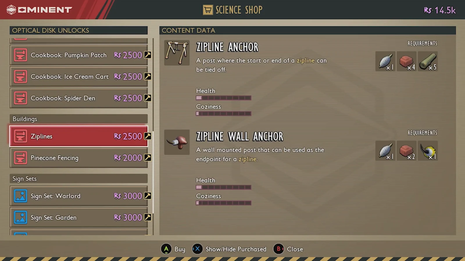 Science Shop Buildings menu showing Ziplines with Zipline Anchor and Wall Anchor requirements