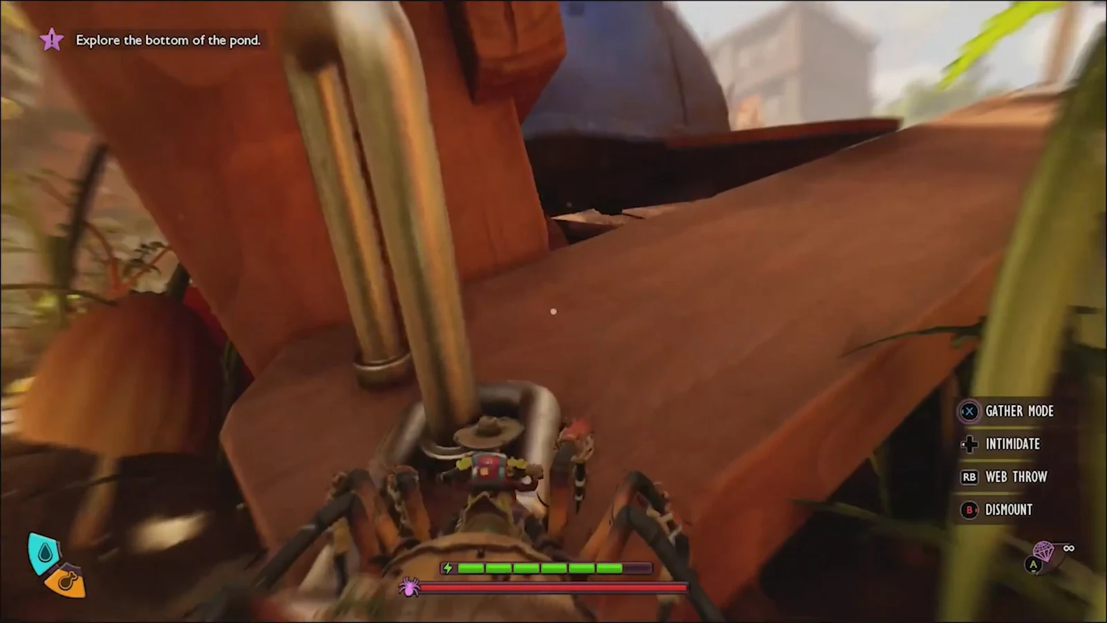 Player rides a spider mount around a large plant stem during the Pergola climb
